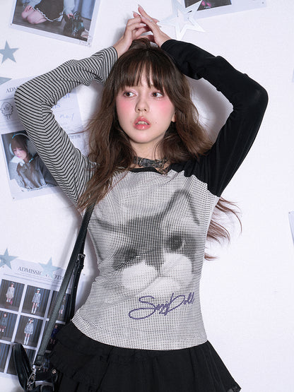 Black & White Cat Print Raglan T-Shirt