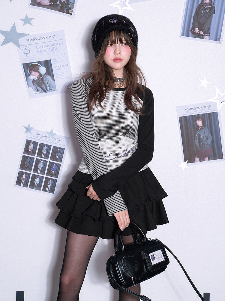 Black & White Cat Print Raglan T-Shirt