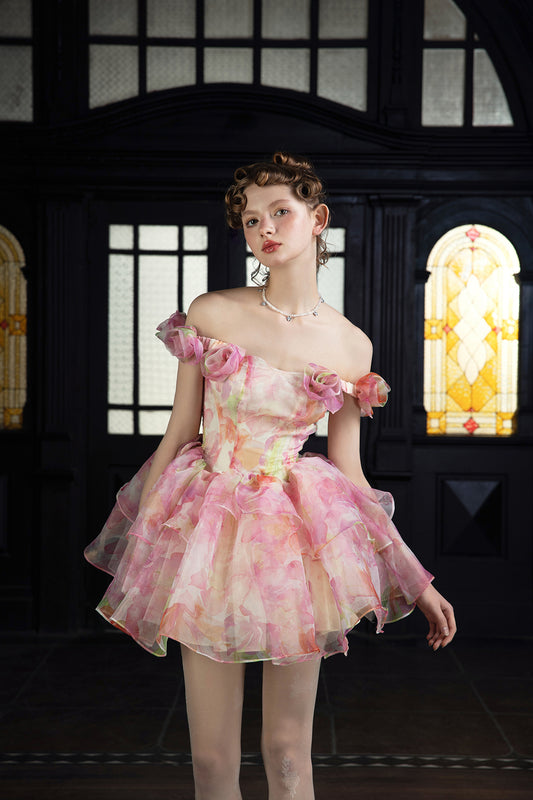 Floral Off-Shoulder Dress With Decorative Flowers