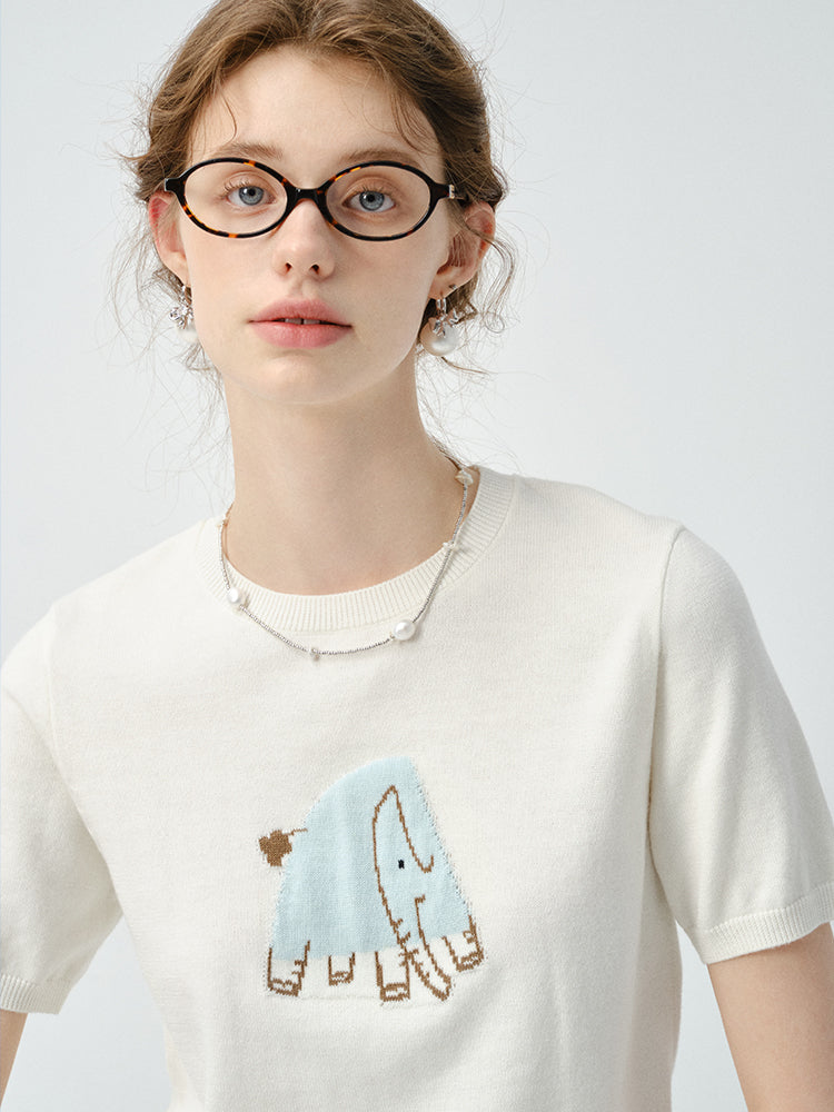 Elephant Motif Short-Sleeve Knit Top