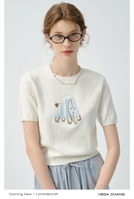 Elephant Motif Short-Sleeve Knit Top