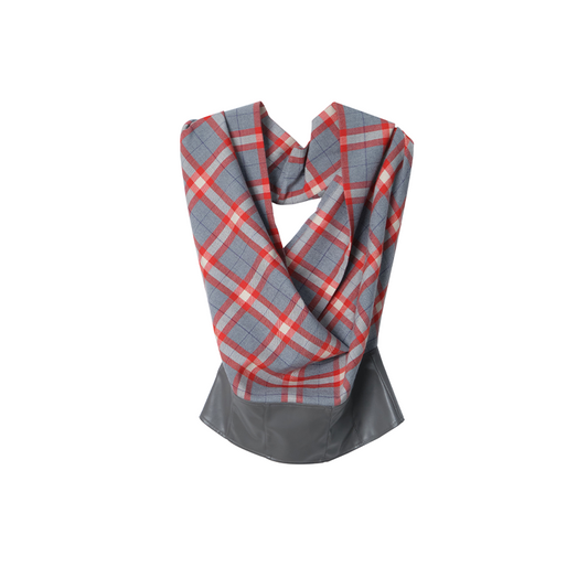 Plaid Draped Sleeveless Top With Faux Leather Hem