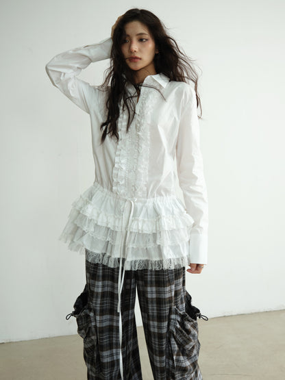 Ruffle-Front Lace Tiered Hem Blouse