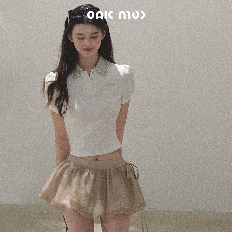 Puff-Sleeve Bijou Accent Polo Shirt