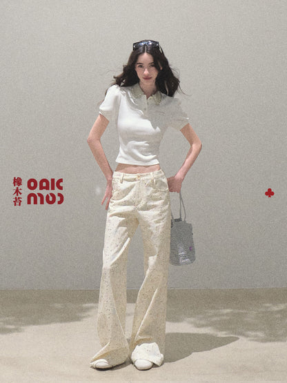 Puff-Sleeve Bijou Accent Polo Shirt