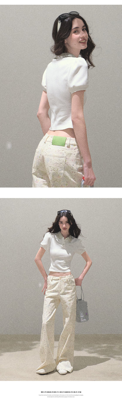 Puff-Sleeve Bijou Accent Polo Shirt