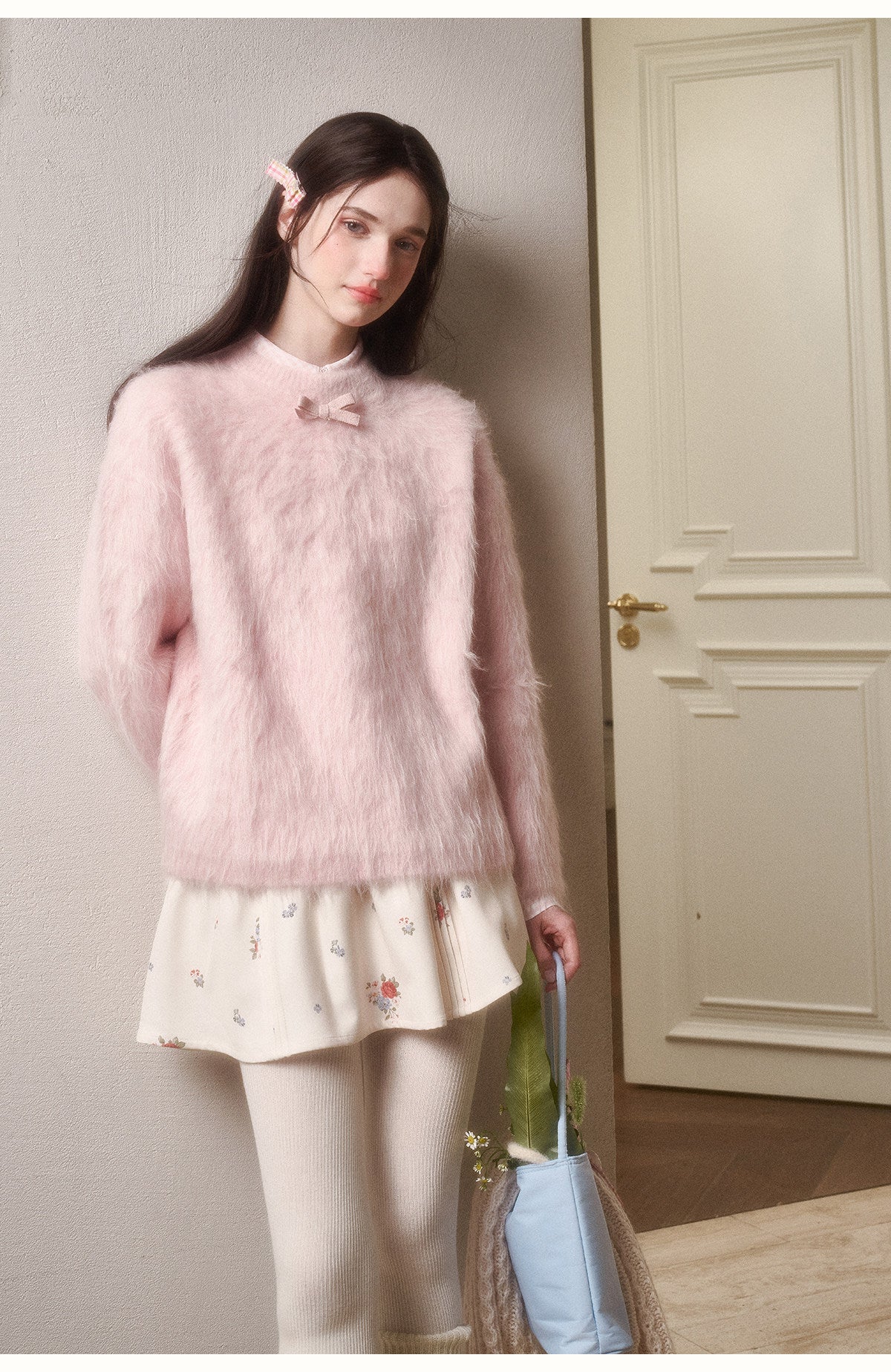 Alpaca-Blend Long-Pile Knit Top With Bow Detail