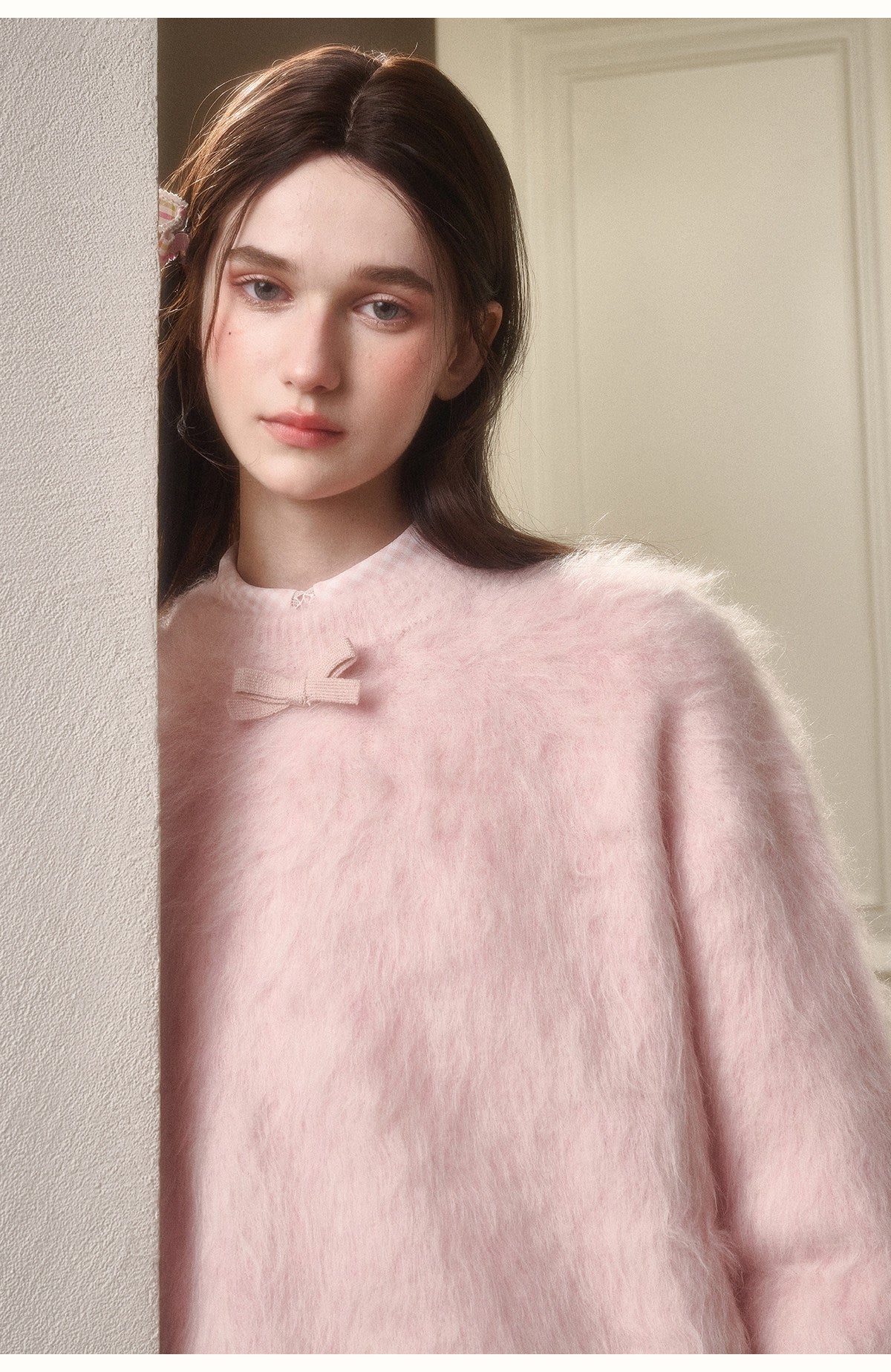 Alpaca-Blend Long-Pile Knit Top With Bow Detail