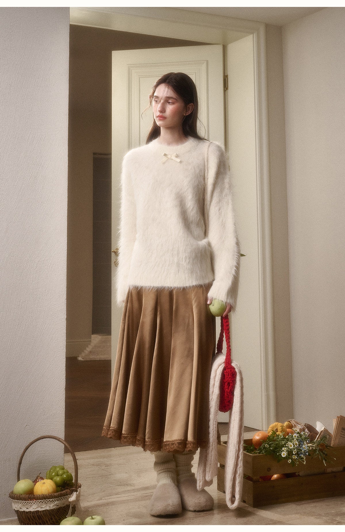 Alpaca-Blend Long-Pile Knit Top With Bow Detail