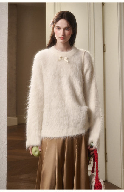 Alpaca-Blend Long-Pile Knit Top With Bow Detail