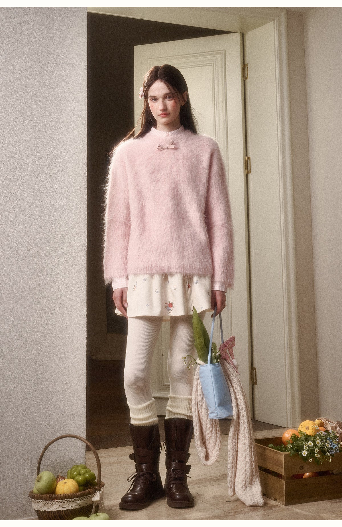 Alpaca-Blend Long-Pile Knit Top With Bow Detail