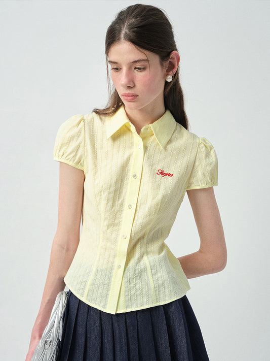Puff-Sleeve Embroidered Blouse With Curved Hem