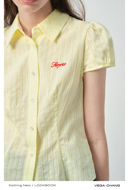 Puff-Sleeve Embroidered Blouse With Curved Hem