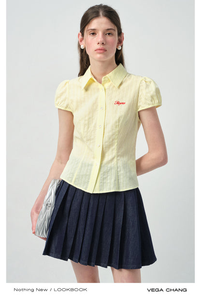Puff-Sleeve Embroidered Blouse With Curved Hem