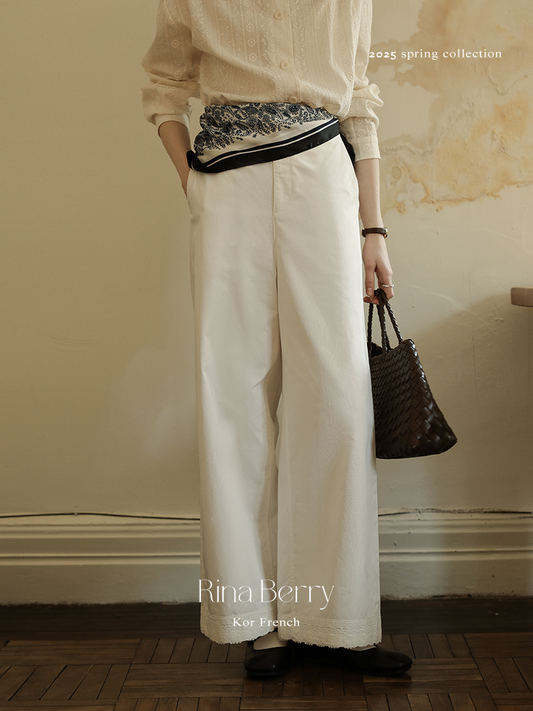 Wide-Leg Straight Pants With Lace-Trimmed Hem