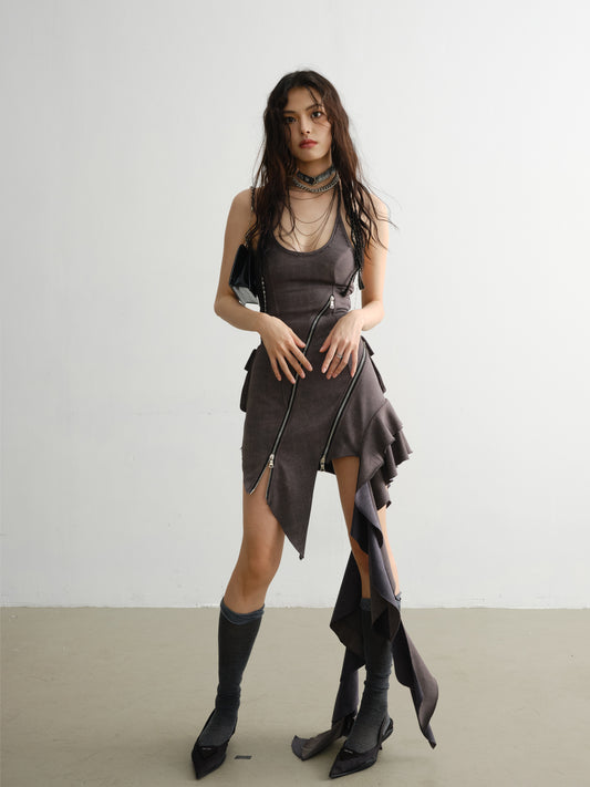 Double-Zip Asymmetric Halter Dress