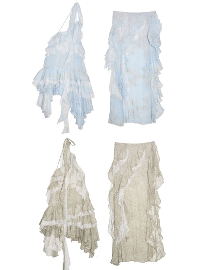 Asymmetric Sheer Ruffled Two-Piece Dress