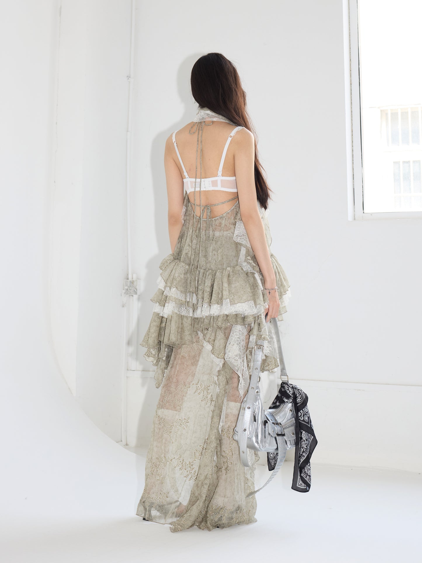 Asymmetric Sheer Ruffled Two-Piece Dress