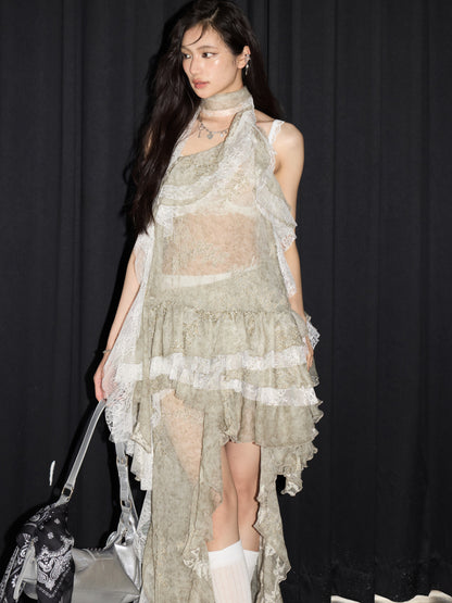 Asymmetric Sheer Ruffled Two-Piece Dress