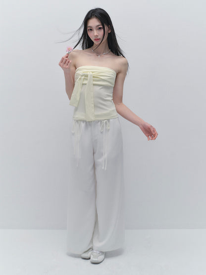 Wide-Leg Paperbag Twill Pants