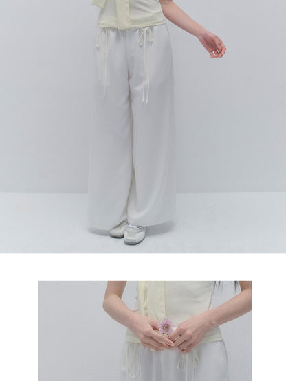 Wide-Leg Paperbag Twill Pants