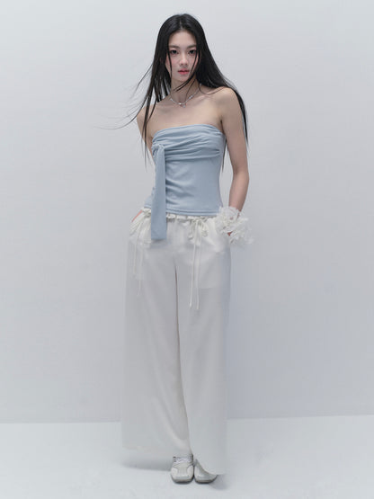 Wide-Leg Paperbag Twill Pants