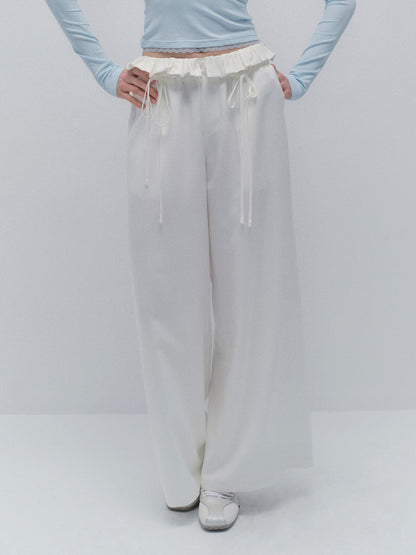 Wide-Leg Paperbag Twill Pants