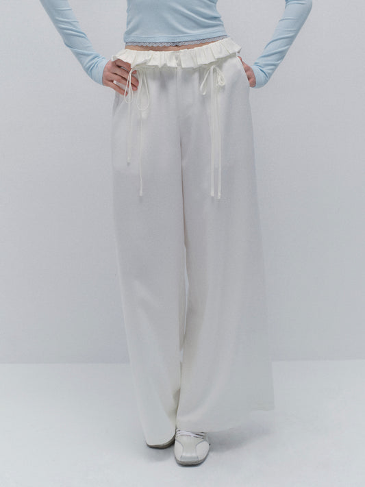 Wide-Leg Paperbag Twill Pants