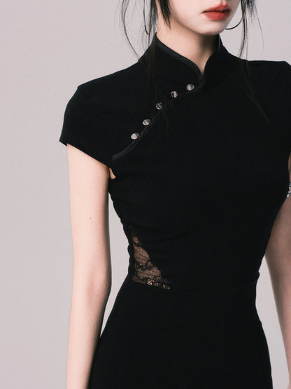 Slim Fit Cheongsam Dress With Lace Detail
