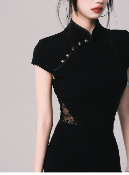 Slim Fit Cheongsam Dress With Lace Detail
