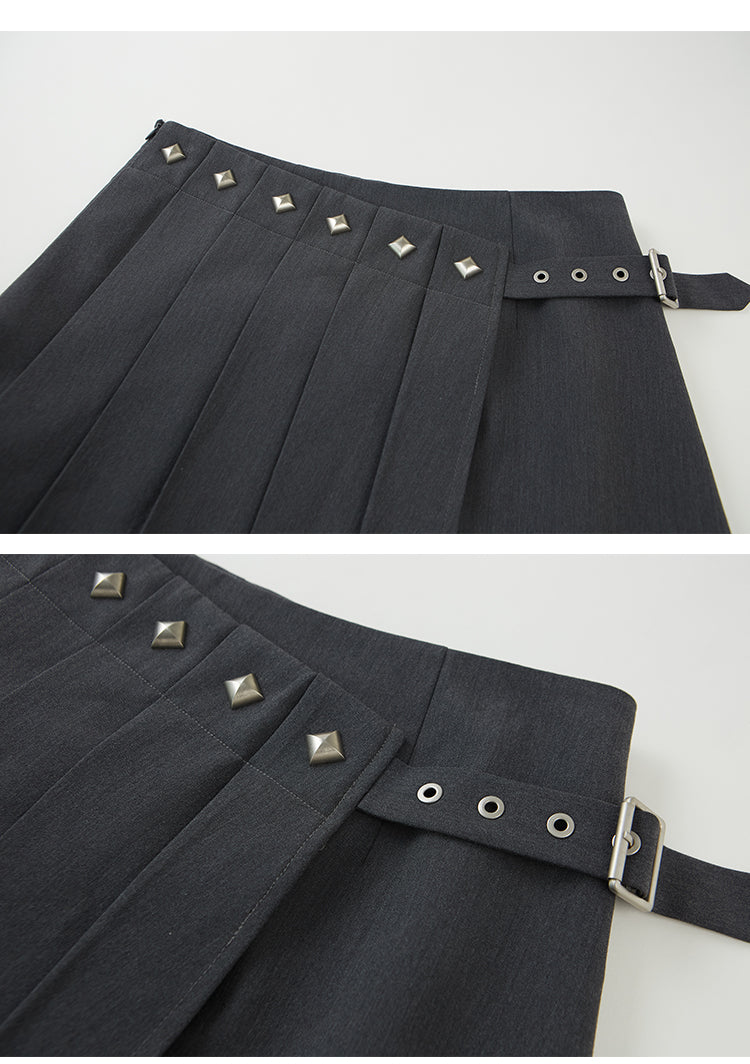 Asymmetrical Pleats Skirt With Stud Accents