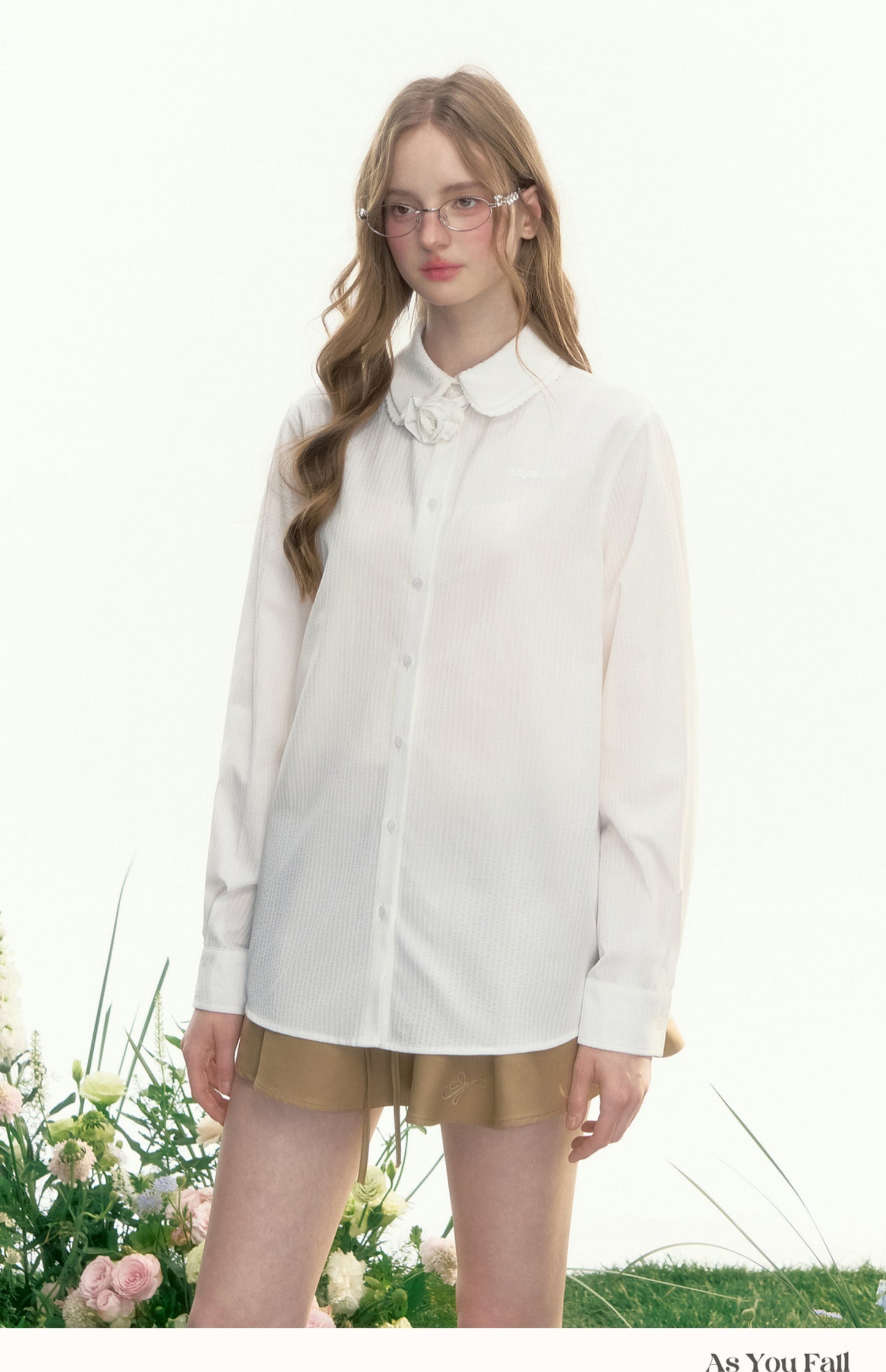 Double Collar Striped Shirt With Floral Accent