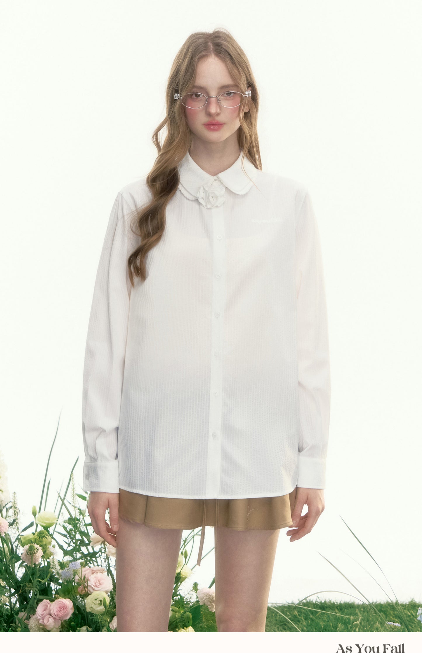Double Collar Striped Shirt With Floral Accent