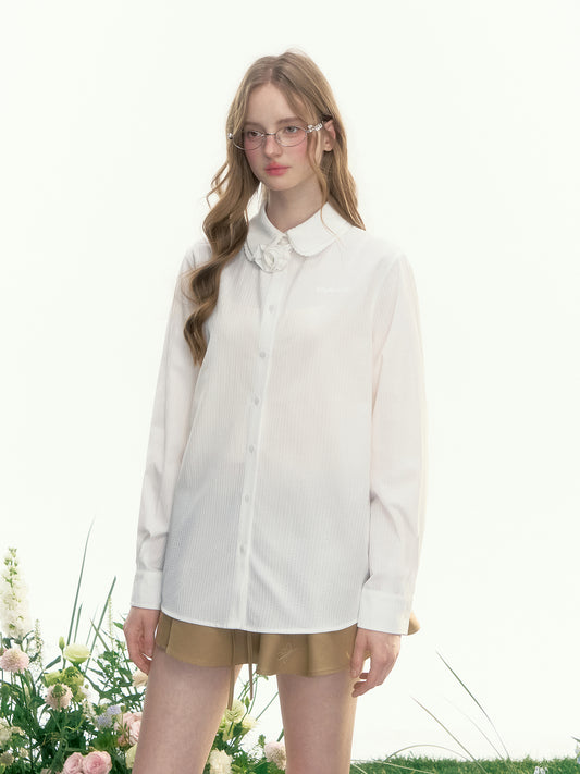 Double Collar Striped Shirt With Floral Accent