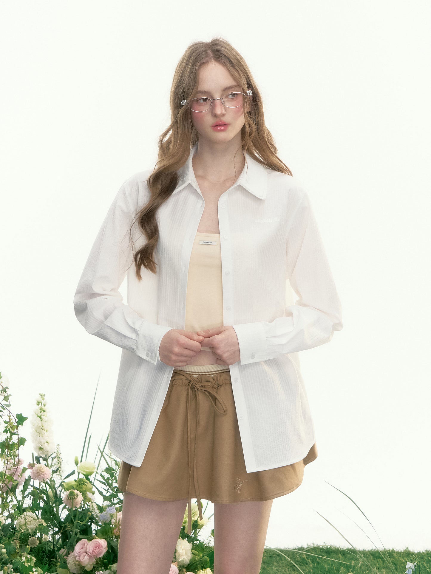 Double Collar Striped Shirt With Floral Accent