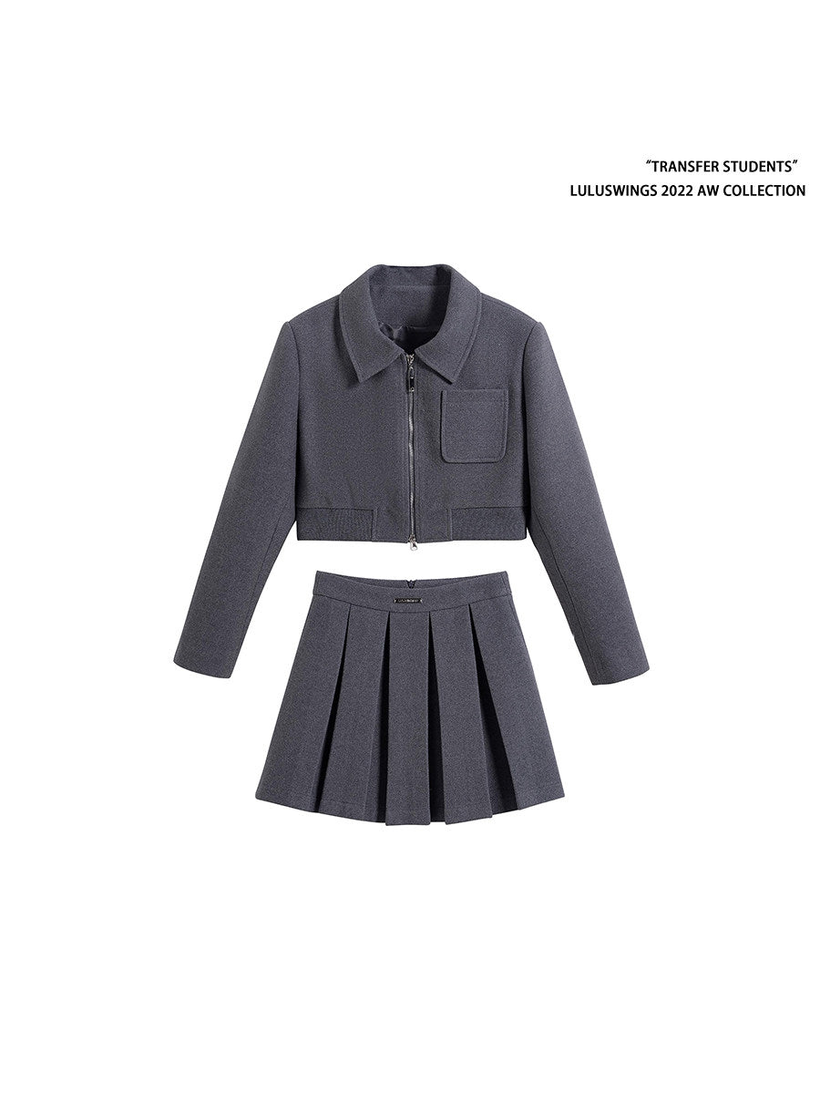 Double-Sided Zip Cropped Jacket & Pleated Skirt
