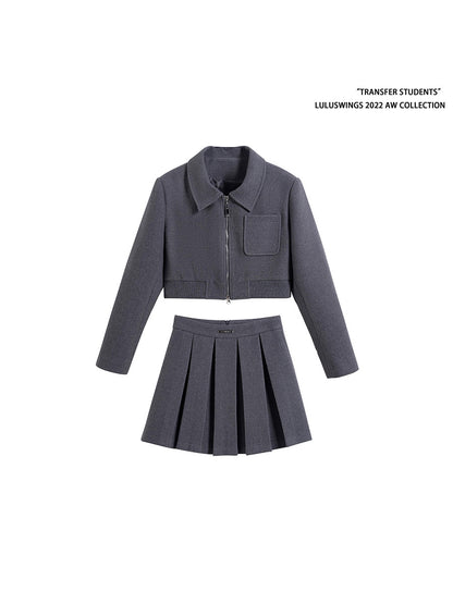 Double-Sided Zip Cropped Jacket & Pleated Skirt