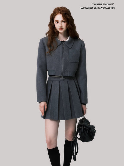 Double-Sided Zip Cropped Jacket & Pleated Skirt