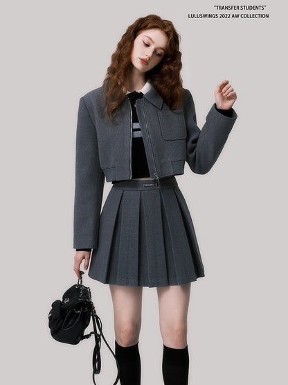 Double-Sided Zip Cropped Jacket & Pleated Skirt