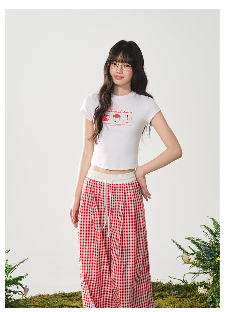 Cropped Apple Print Cotton T-Shirt