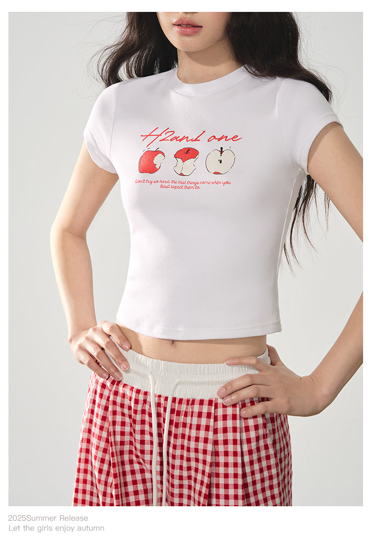 Cropped Apple Print Cotton T-Shirt