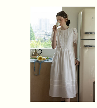 Puff-Sleeve Dress With Scalloped Lace Placket