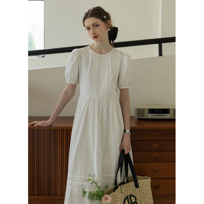 Puff-Sleeve Dress With Scalloped Lace Placket