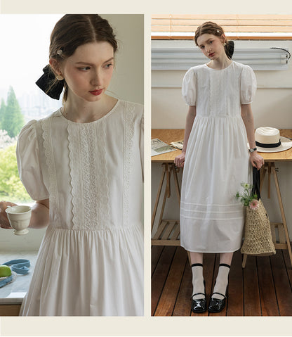 Puff-Sleeve Dress With Scalloped Lace Placket