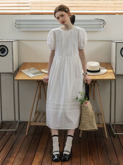 Puff-Sleeve Dress With Scalloped Lace Placket