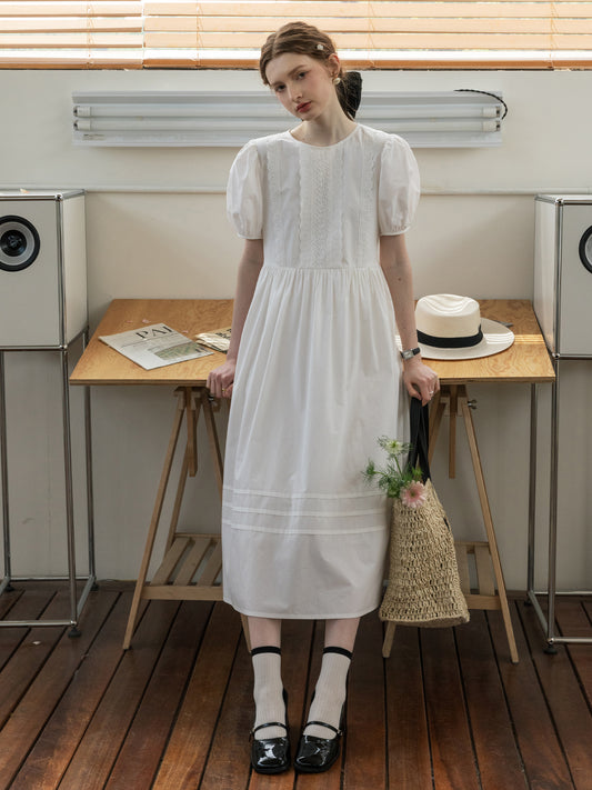 Puff-Sleeve Dress With Scalloped Lace Placket