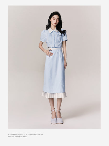 Cropped Two-Tone Pintuck Blouse & Midi Skirt