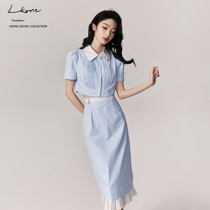 Cropped Two-Tone Pintuck Blouse & Midi Skirt