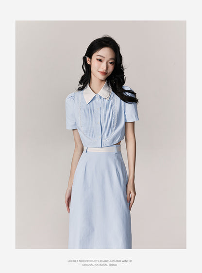 Cropped Two-Tone Pintuck Blouse & Midi Skirt