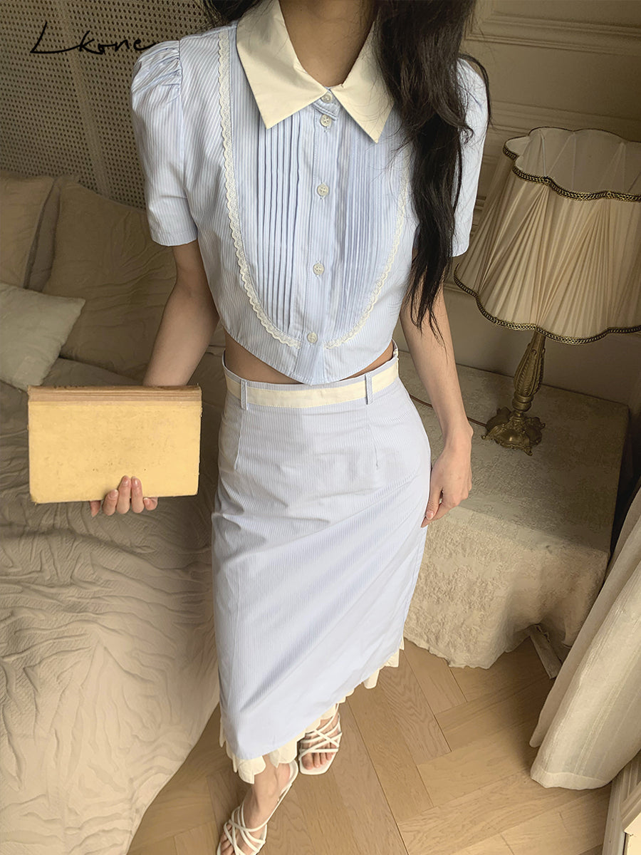 Cropped Two-Tone Pintuck Blouse & Midi Skirt